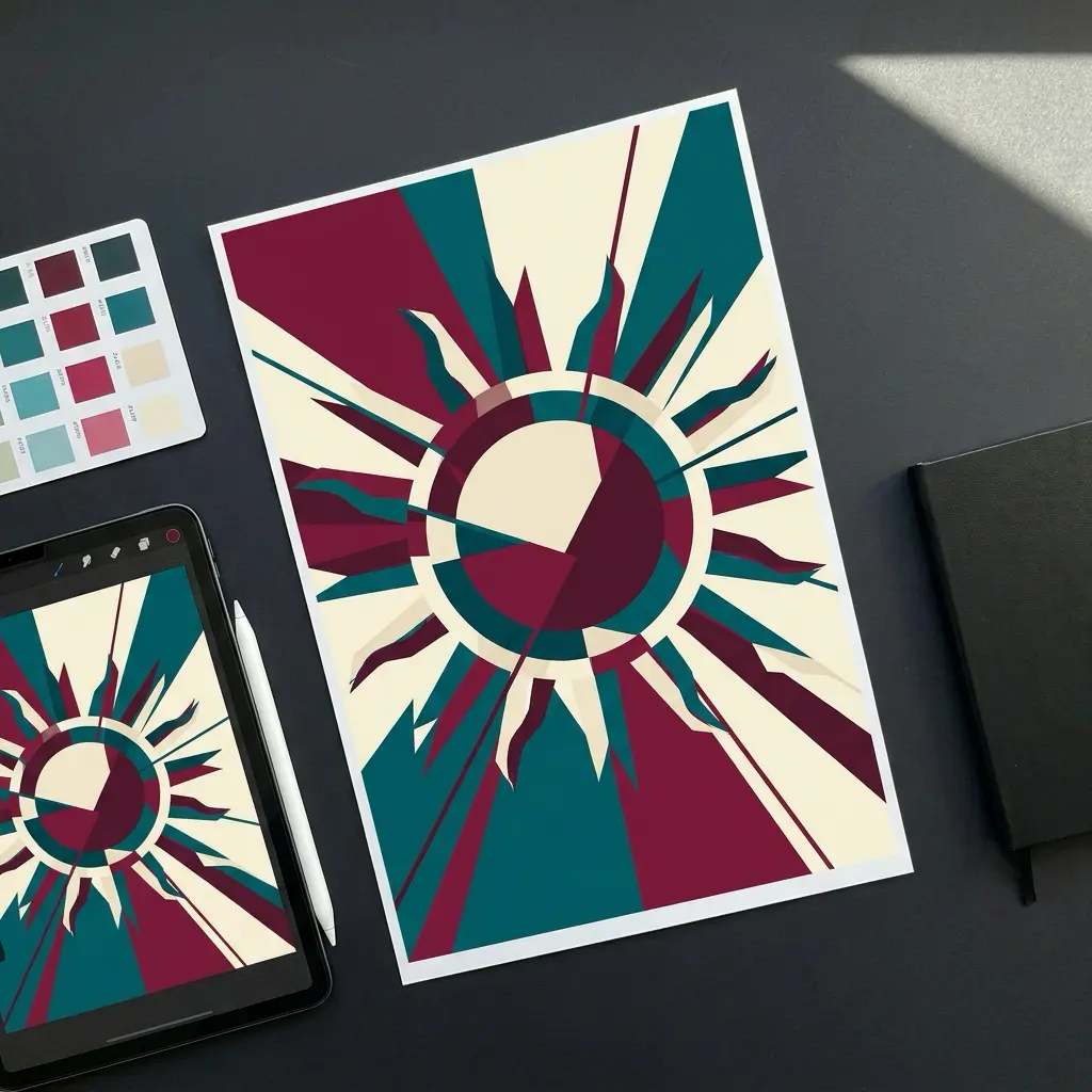 Abstract geometric sun poster on dark desk with tablet, stylus, color swatches and notebook — teal and burgundy design