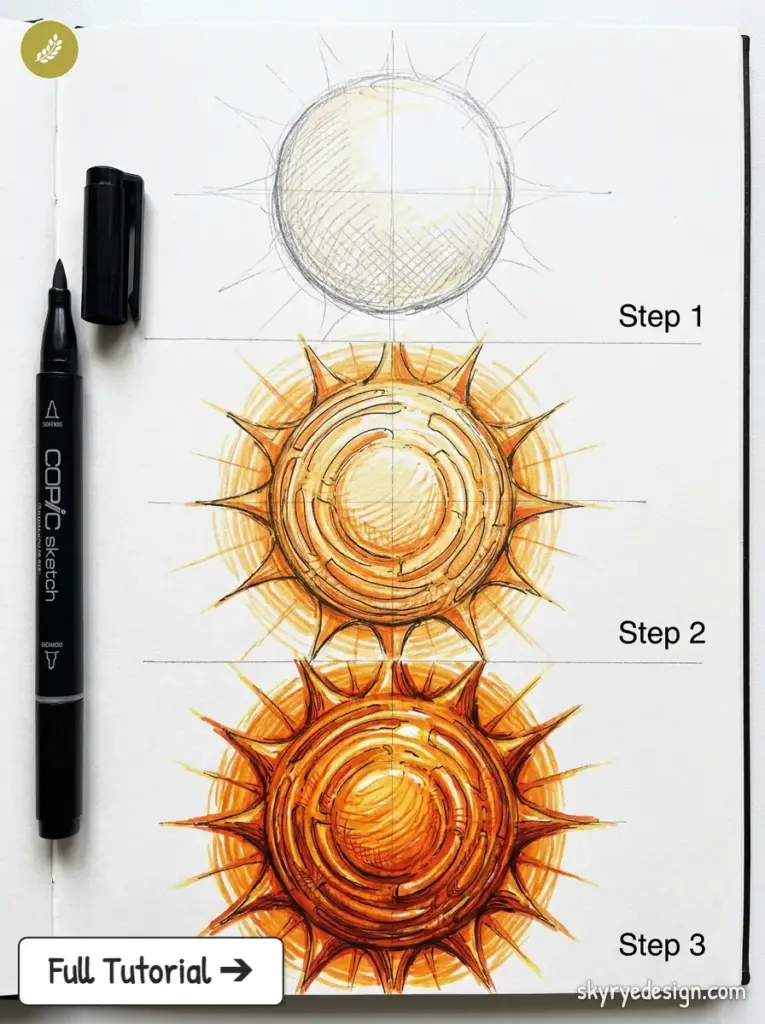 Sun drawing tutorial in sketchbook: three step-by-step stages of a spiky orange sun colored with Copic marker.