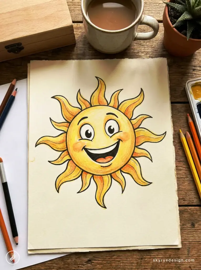 Happy sun illustration in colored pencil on paper, surrounded by pencils, watercolor palette and coffee.