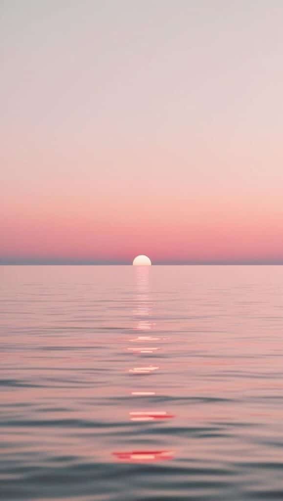 Sunset over calm ocean creating a pink and orange sky reflection on water, serene and peaceful seascape. iPhone Wallpaper Lights 