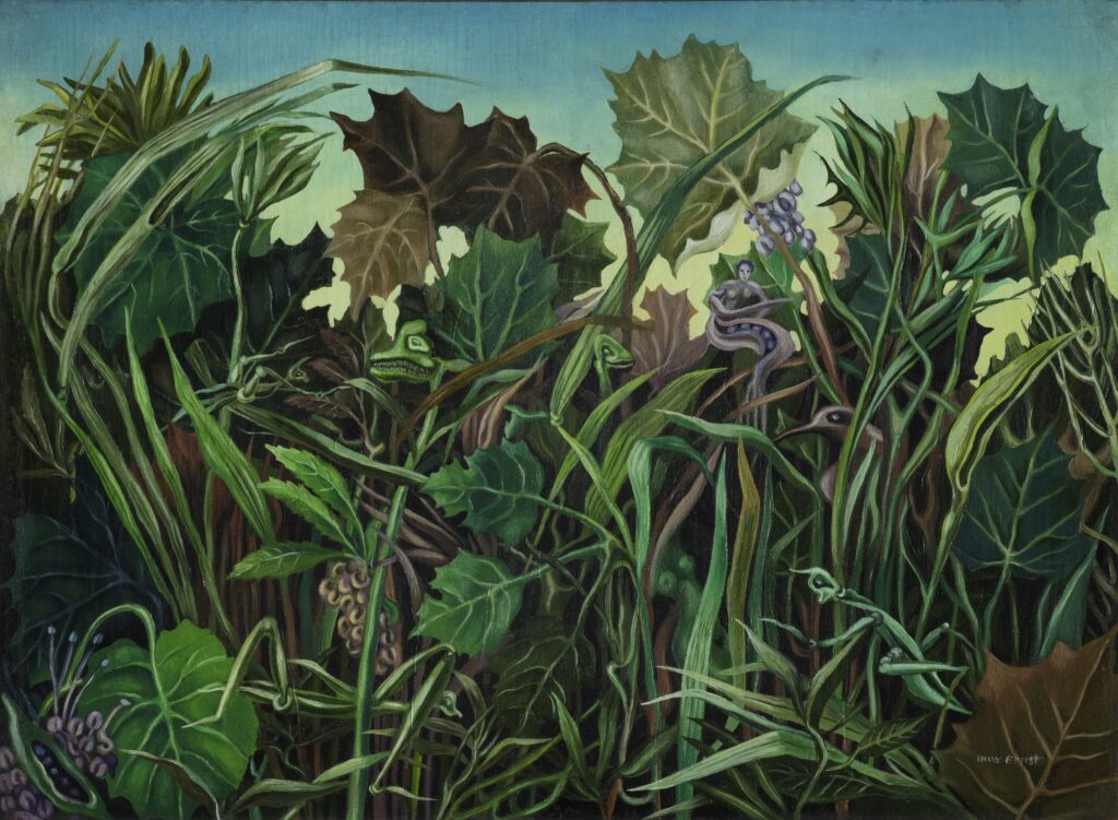 Botanical painting of lush tropical green foliage, layered leaves, grasses and hidden frogs under a turquoise sky