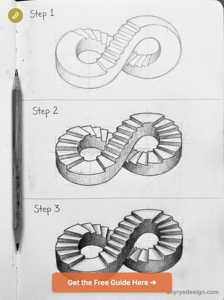 Sketchbook tutorial: three-step pencil drawings of an impossible infinity staircase (Mobius stairs) with a pencil at left.