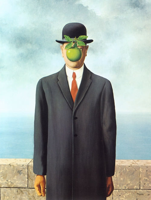Surreal painting of a man in a bowler hat and suit with a green apple obscuring his face