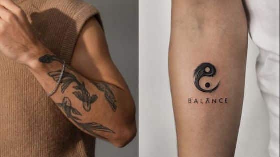 tattoos for guys Two arms with tattoos: left arm features leaf designs; right arm has yin-yang symbol with Balance text. | Sky Rye Design Two arms with tattoos: left arm features leaf designs; right arm has yin-yang symbol with Balance text.