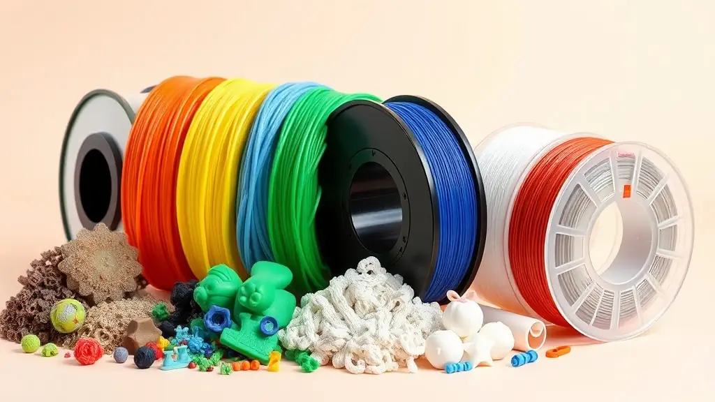 Colorful 3D printer filament spools with printed objects on a neutral background. Perfect for creative projects.