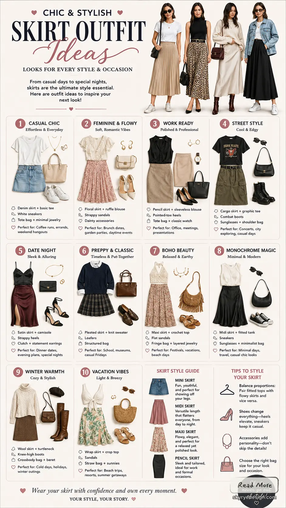 Skirt outfits infographic with casual, work, date night, boho, and monochrome styling formulas