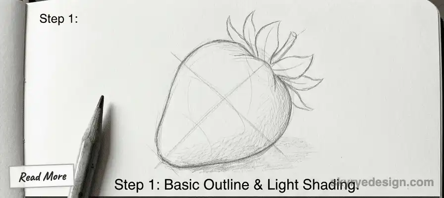 Pencil sketch tutorial step 1: Draw a basic strawberry outline with light shading on a blank page.