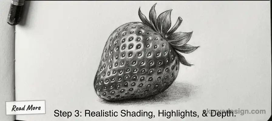 Pencil sketch of a strawberry with realistic shading, highlights, and depth; Step 3 tutorial detail shown on drawing pad.