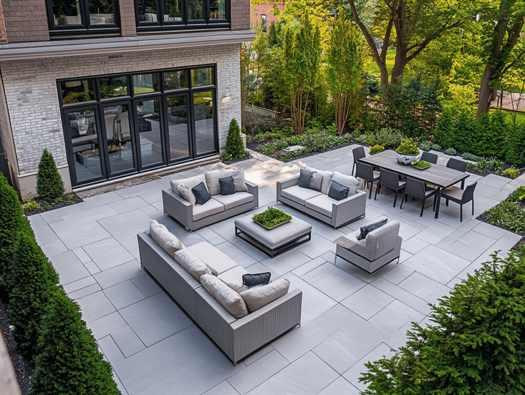 unnamed 1 Modern backyard patio with cozy seating area, dining table, and lush landscaping in a stylish outdoor setting. | Sky Rye Design Modern backyard patio with cozy seating area, dining table, and lush landscaping in a stylish outdoor setting.