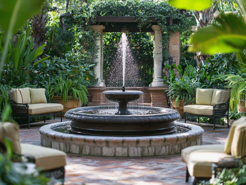 Elegant garden scene with water fountain and cushioned seating, surrounded by lush greenery and brick pillars.
