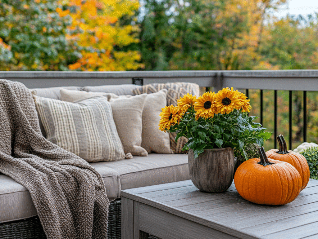 Cozy patio with fall decor: sunflowers, pumpkins, and cushions on a sofa, set against autumn foliage.