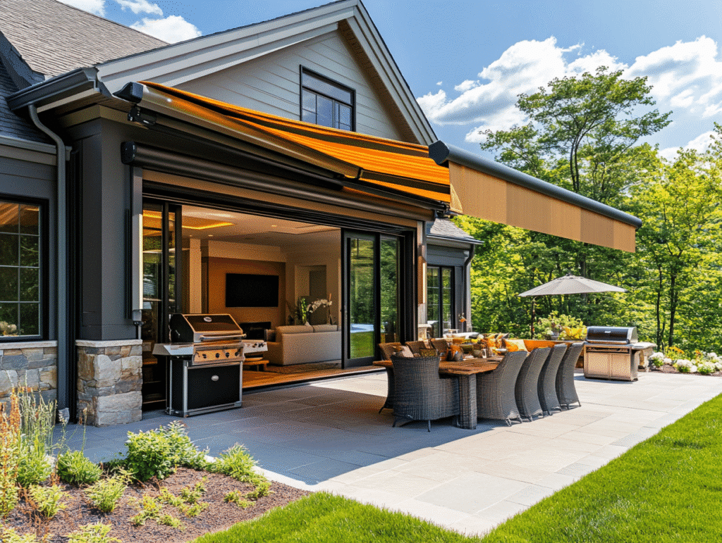 Modern patio with retractable awning, outdoor dining set, and barbecue grills on a sunny day with trees in the background.