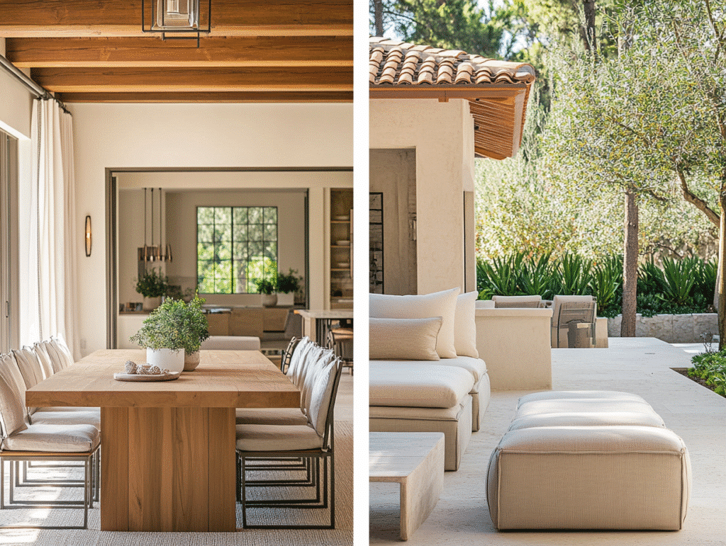 Modern dining and patio area with wood table and plush outdoor seating, surrounded by greenery and natural light.