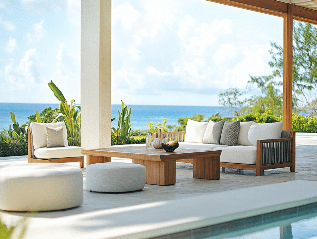 unnamed 2 Modern outdoor patio with wooden furniture overlooking ocean view. Peaceful, tropical setting with comfy seating. | Sky Rye Design Modern outdoor patio with wooden furniture overlooking ocean view. Peaceful, tropical setting with comfy seating.