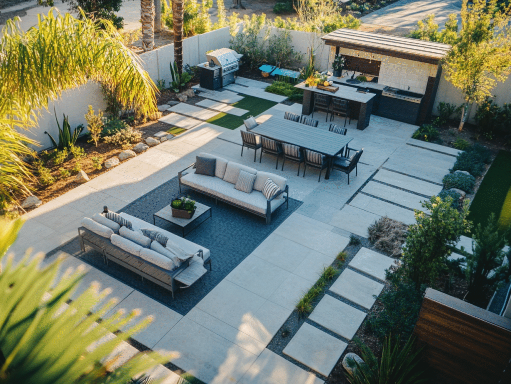 Modern outdoor patio with seating, dining area, BBQ, and lush greenery, ideal for entertaining and relaxation.