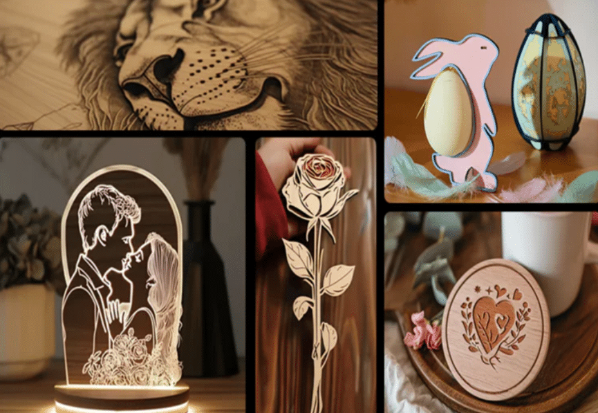 unnamed Collage of intricate wood crafts: lion, couple, rose, bunny with egg, and heart decor, showcasing detailed artistry. | Sky Rye Design Collage of intricate wood crafts: lion, couple, rose, bunny with egg, and heart decor, showcasing detailed artistry.
