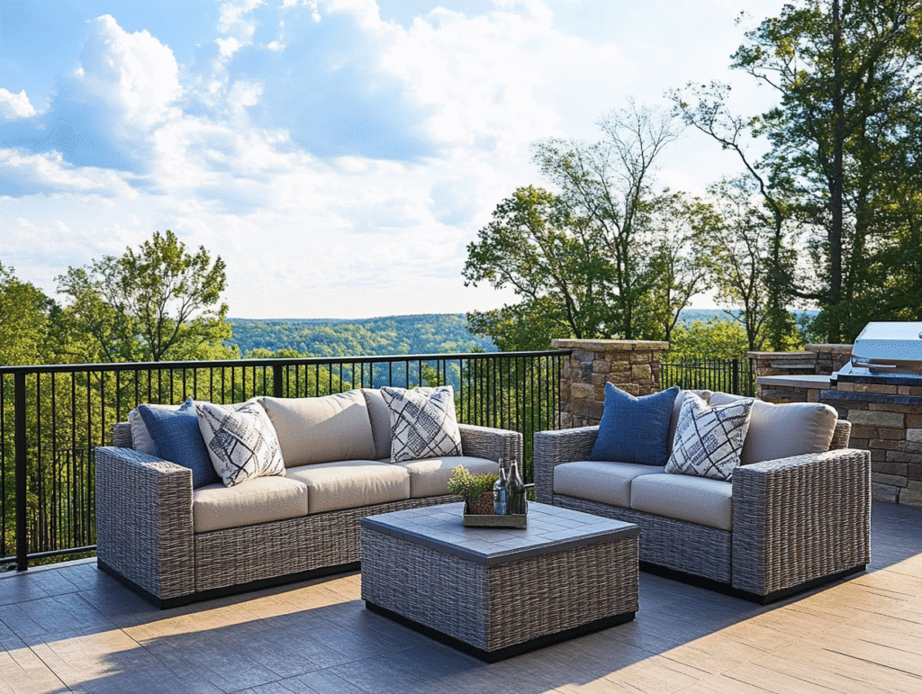 Outdoor patio with wicker furniture, lush greenery view, and clear sky. Perfect for relaxation and leisure.