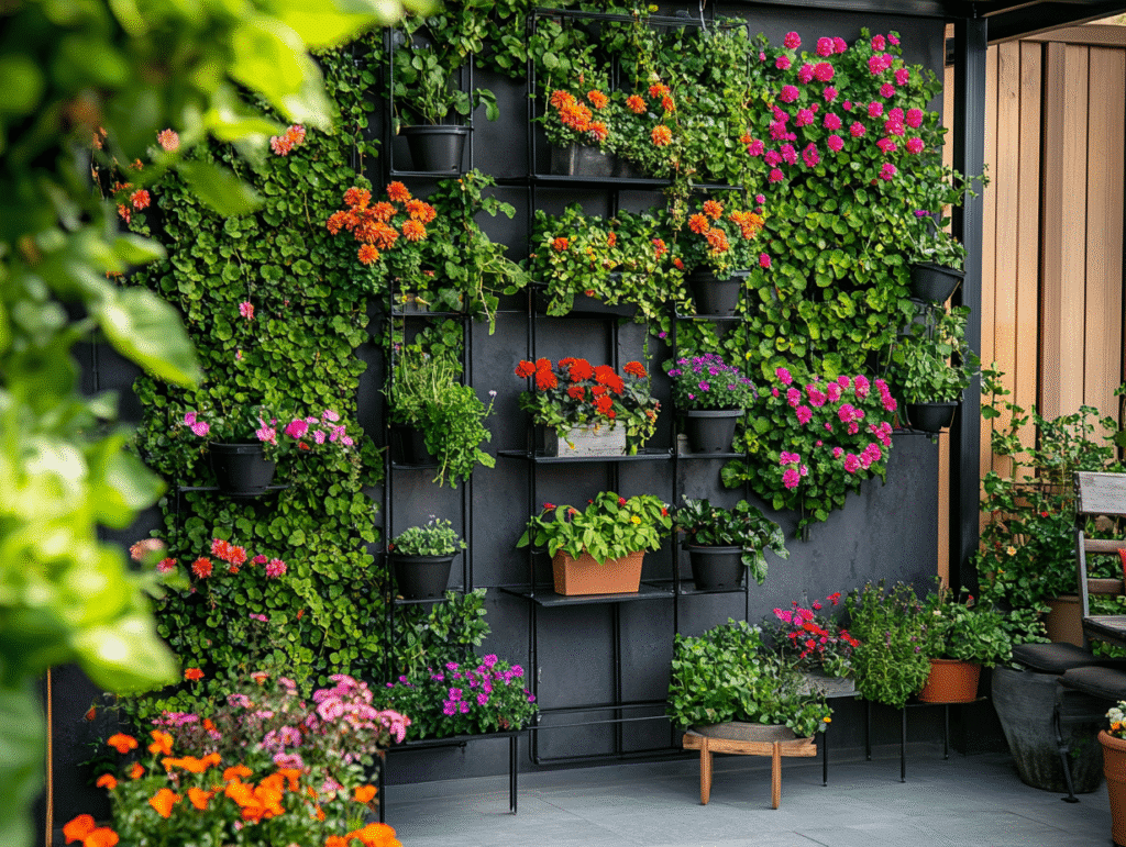 Vertical garden with colorful flowers and lush greenery on a wooden patio wall, creating a vibrant outdoor living space.
