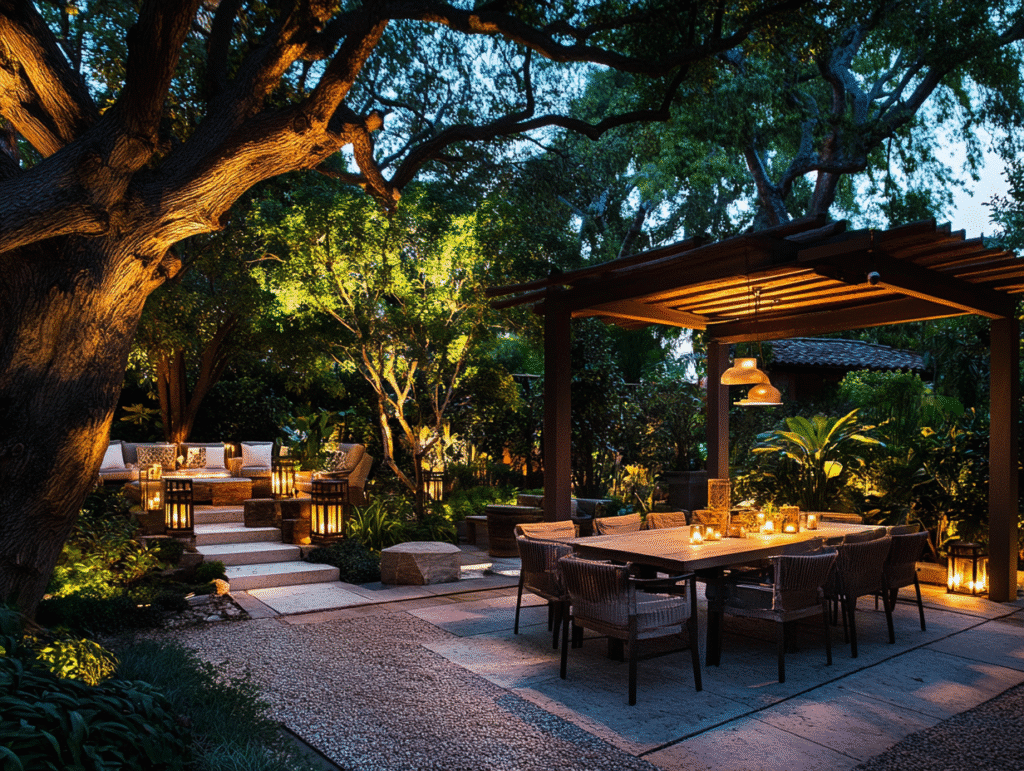 Cozy outdoor dining area at dusk with a pergola, surrounded by trees and ambient lighting.