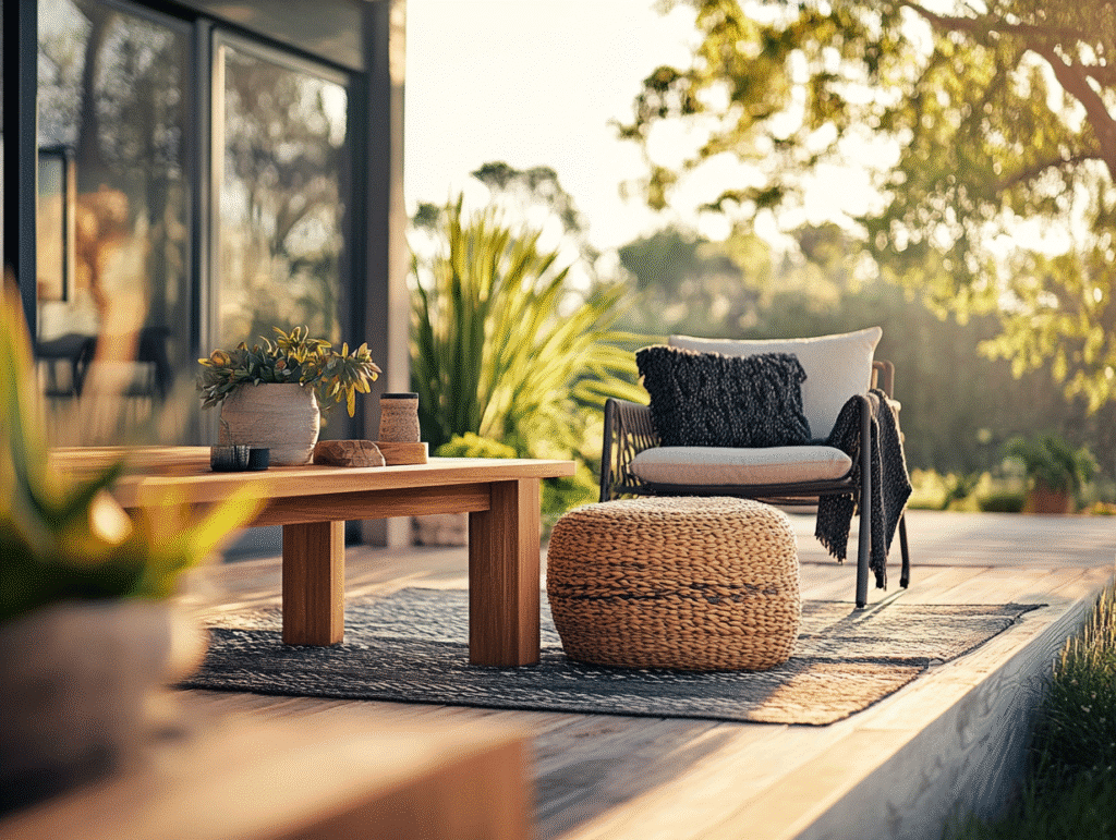 Sunny outdoor patio with cozy chair, woven ottoman, wooden table, and plants, offering a serene and inviting atmosphere.