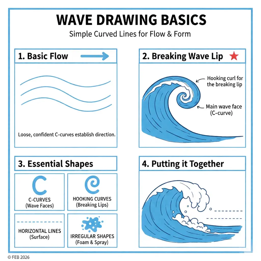Infographic: 'Wave Drawing Basics' step-by-step guide showing C-curves, hooking curls, horizontal lines and foam shapes to draw breaking waves.