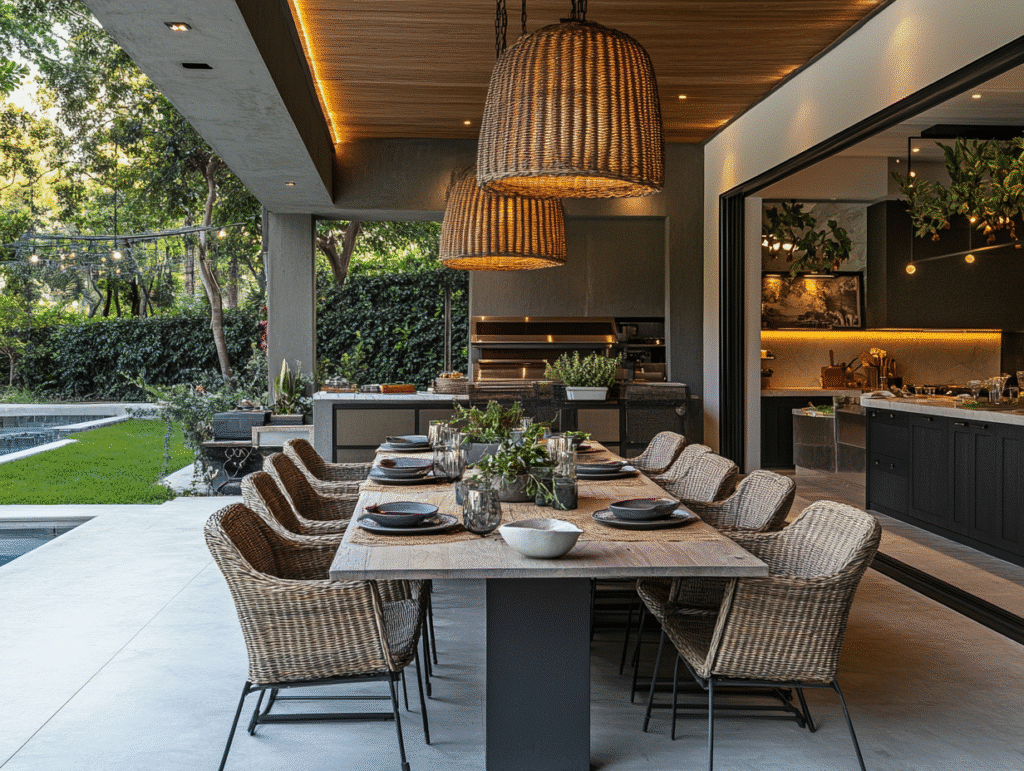 Outdoor dining area with wicker chairs, a wooden table, greenery, and hanging lights by a modern kitchen and garden.