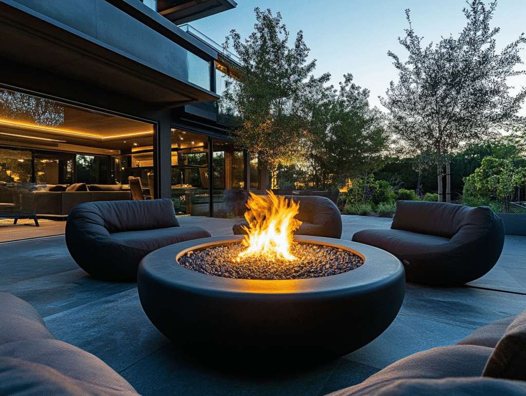 Modern patio with a central fire pit and stylish seating, surrounded by trees and a sleek glass-walled house at dusk.