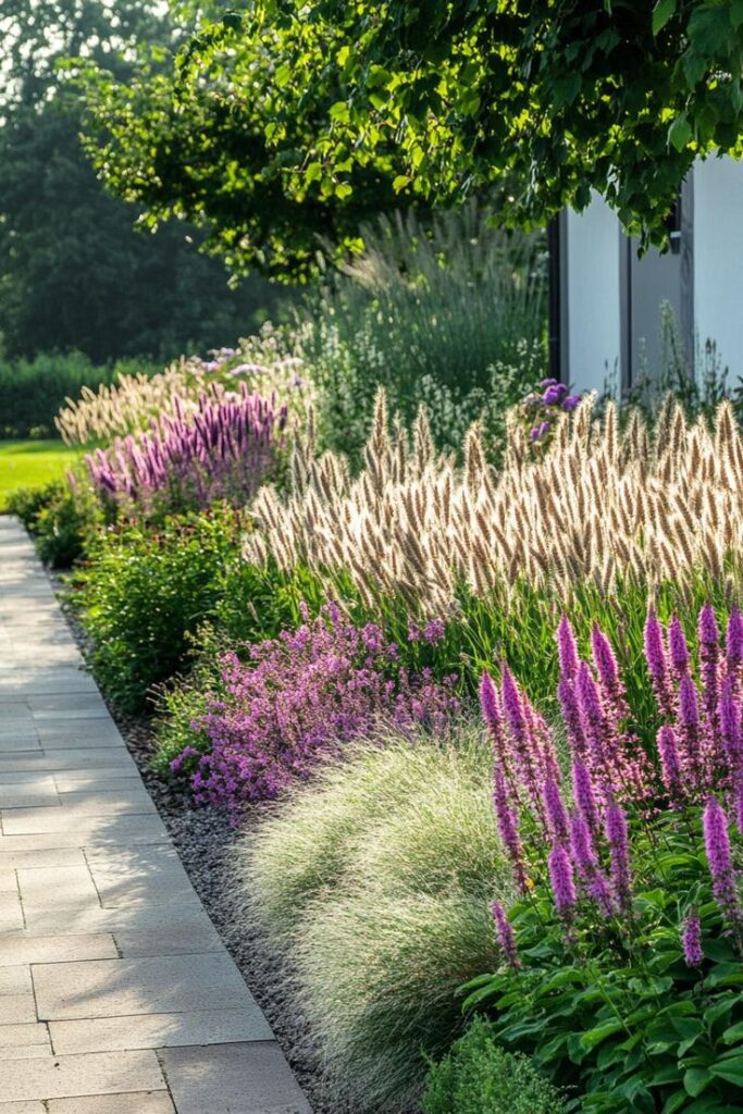 _ A vibrant garden path lined with purple and white flowers under lush green trees, creating a serene outdoor space. | Sky Rye Design A vibrant garden path lined with purple and white flowers under lush green trees, creating a serene outdoor space.