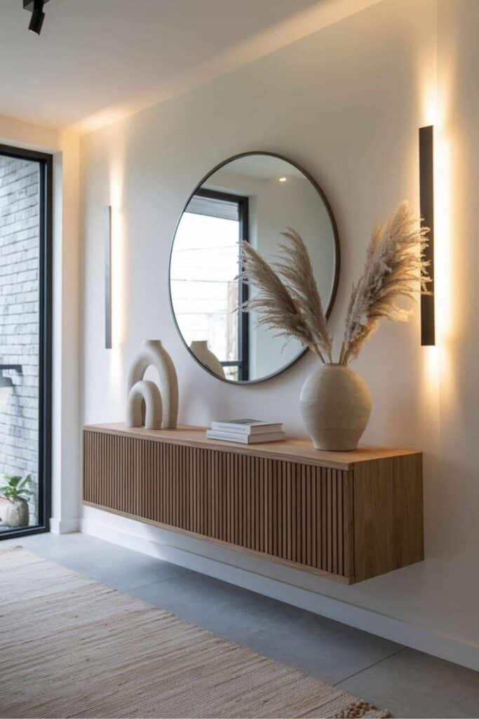 _ Modern hallway decor with round mirror, wooden console, and pampas grass vase under soft lighting. | Sky Rye Design Modern hallway decor with round mirror, wooden console, and pampas grass vase under soft lighting.
