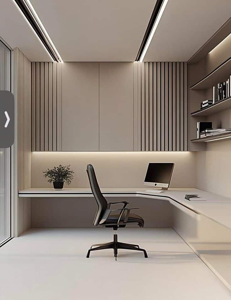 Modern minimalist office with sleek desk, ergonomic chair, computer, plant, and ambient lighting for productivity.