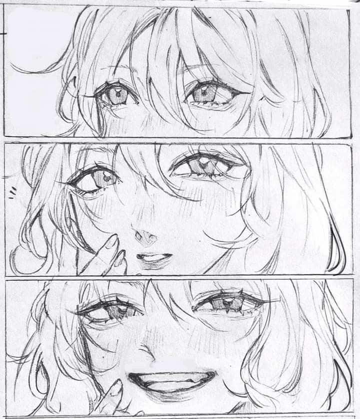 Anime character sketch with expressive eyes and joyful smile; pencil-drawn comic strip style.
