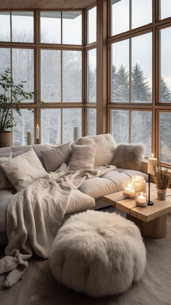 Cozy living room with fluffy sofa and candles, large windows showcasing snowy forest view. Warm, rustic decor.