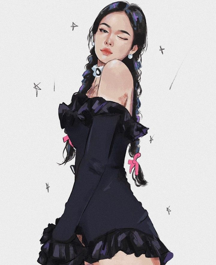Illustration of a confident woman in a black dress, winking with braided hair and star accents.