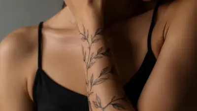 Close-up of a person with a leafy vine tattoo along the forearm, wearing a black tank top, hand touching the face.