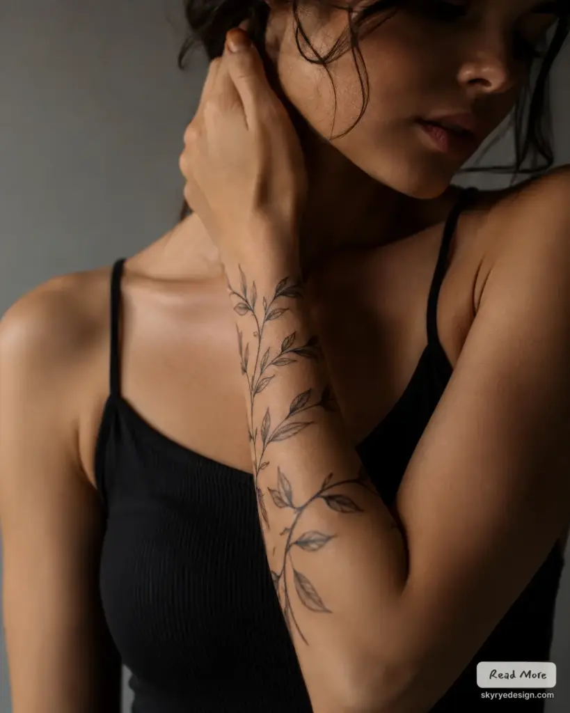 8d5c6db3-1ba3-4194-96a7-774b198deff8 Close-up of a person with a leafy vine tattoo along the forearm, wearing a black tank top, hand touching the face. | Sky Rye Design Close-up of a person with a leafy vine tattoo along the forearm, wearing a black tank top, hand touching the face.