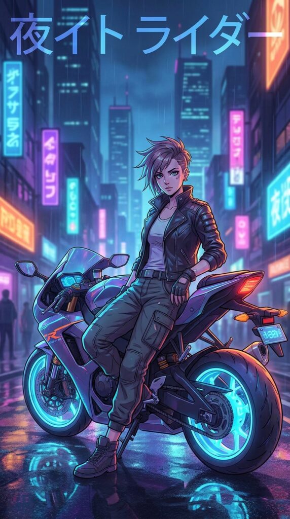 Cyberpunk anime motorcyclist leaning on neon-lit sport motorcycle on rainy futuristic city street with glowing skyscrapers