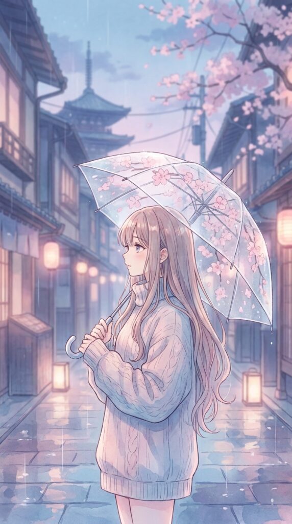 Anime girl holding a transparent sakura umbrella on a rainy traditional Japanese street at dusk, lanterns reflecting.