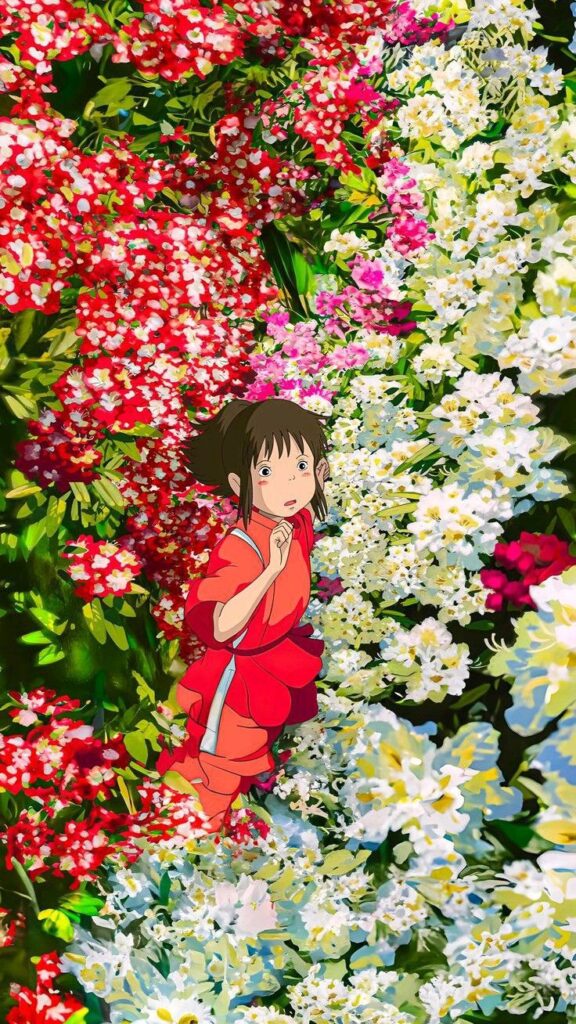 Anime character in red outfit surrounded by vibrant flowers, exploring garden scenery.