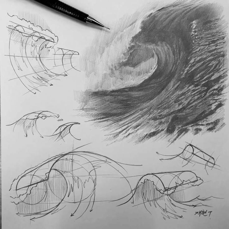 Pencil sketchbook study of ocean waves and surf - detailed shaded wave, construction diagrams and small gesture sketches with a mechanical pencil