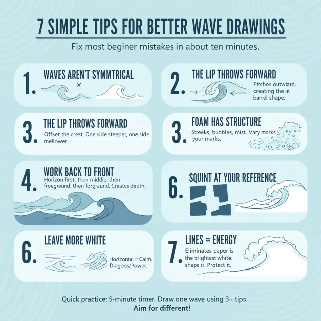 Infographic: 7 simple tips for better wave drawings - illustrated guide with seven numbered tips on shape, lip, foam, depth, layout, and lines.