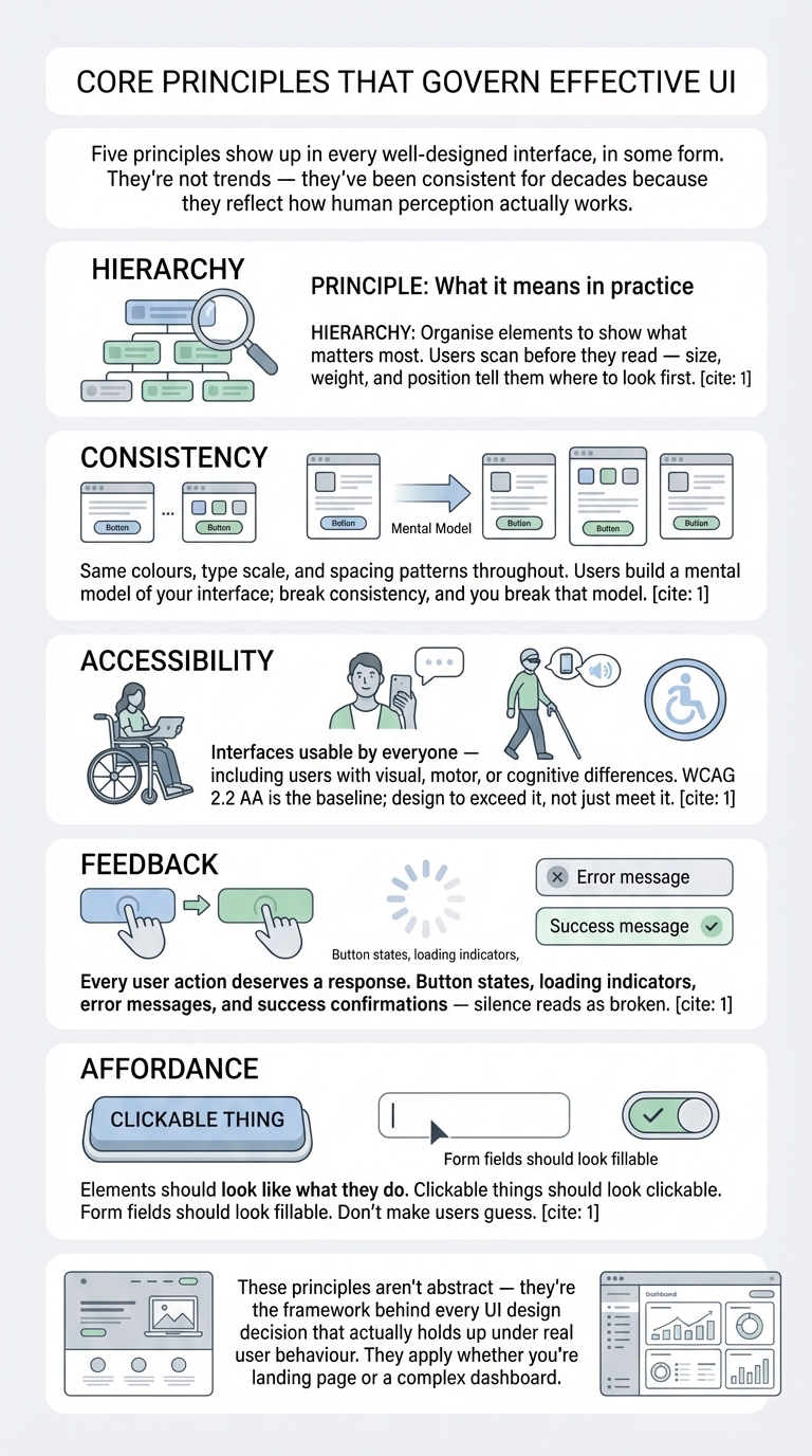 UI design principles infographic: hierarchy, consistency, accessibility, feedback, affordance with icons and examples.