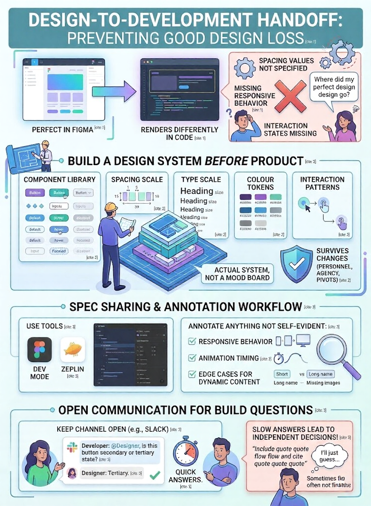 Infographic: design-to-development handoff—build design system, share specs, annotate, and keep open communication, Figma