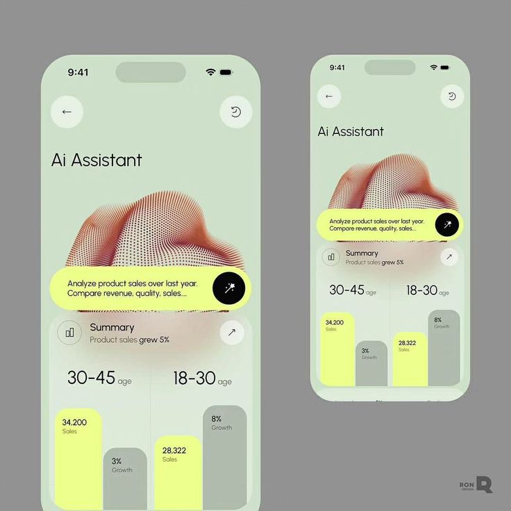 Mobile AI assistant app UI showing sales analytics dashboard with bar charts, age-group segments (30-45, 18-30) and summary.