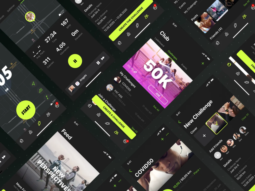 Mobile fitness app UI mockups in dark mode with activity tracker, neon-green START button, stats and challenges