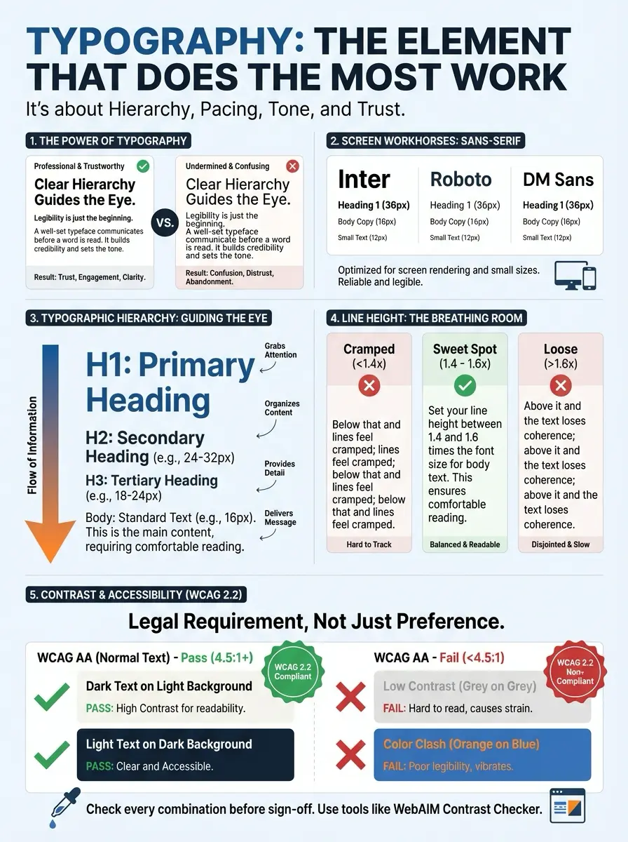 Infographic: typography guide on hierarchy, line-height, contrast (WCAG 2.2), plus sans-serifs Inter and Roboto