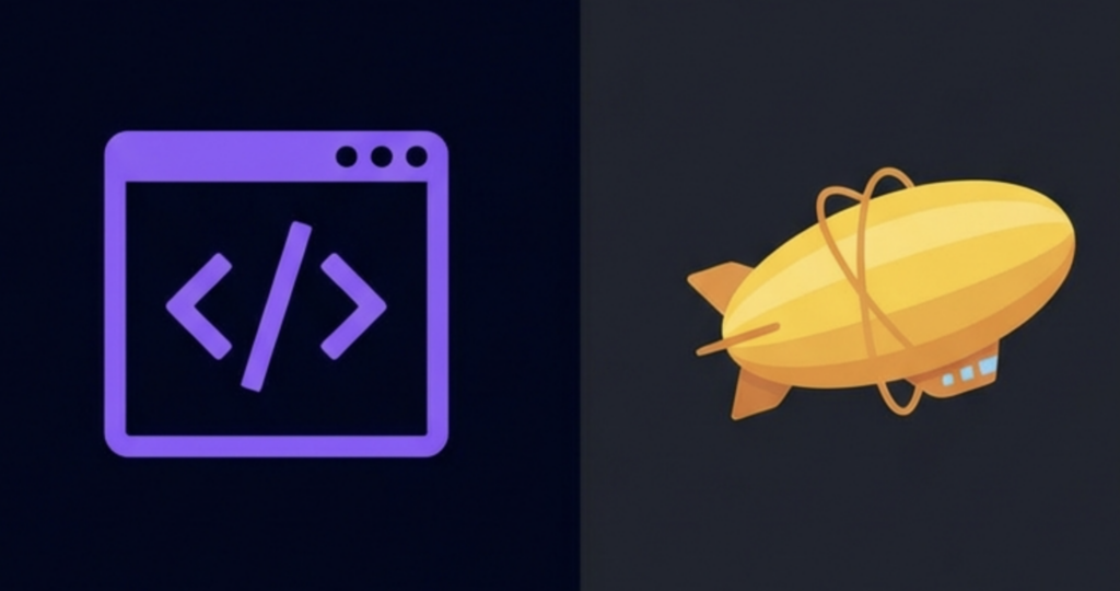Purple browser code icon next to a yellow blimp illustration, symbolizing coding, UI design and handoff (Zeplin)