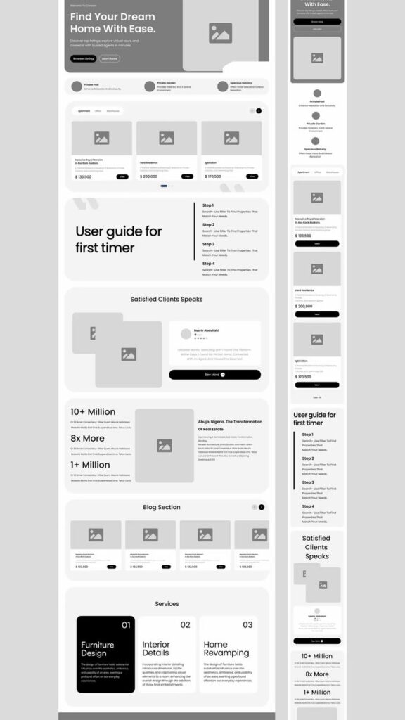 Grayscale responsive real estate wireframe: hero, property listings, user guide, testimonials, blog, services.