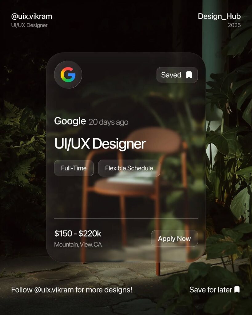 Google UI/UX Designer job card — full-time, flexible schedule, 0–0k salary range, Mountain View, Apply Now.
