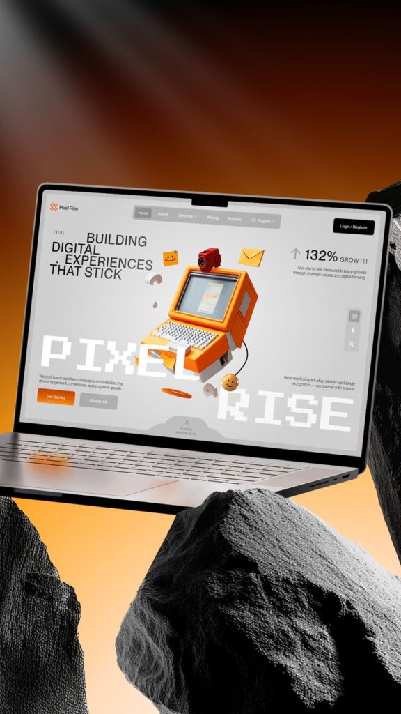 Web design agency homepage on laptop showing orange retro computer graphic and 'Building digital experiences' headline.