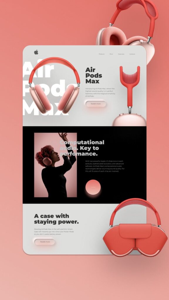AirPods Max coral pink noise-cancelling headphones on sleek product landing page with matching smart case and lifestyle photo